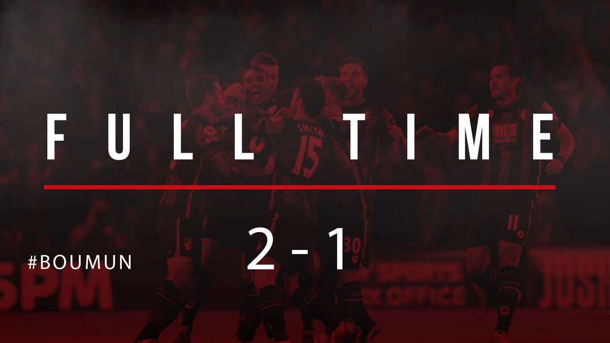 afcbournemouth's tweet photo. FULL TIME: #afcb 2-1 #mufc. https://t.co/QY95GUI4uK #BOUMUN https://t.co/6JrBBRP8Zh