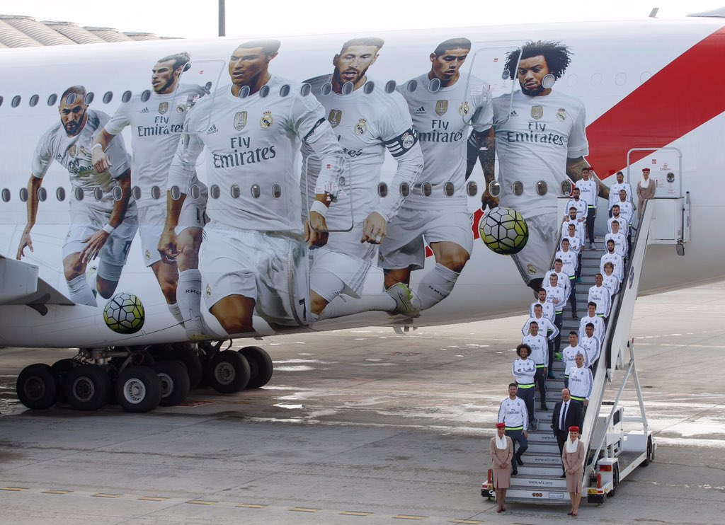 realmadriden's tweet photo. The @emirates A380, the world's largest passenger plane, welcomes Real Madrid aboard! ✈⚽

https://t.co/RMyTvpmUuj https://t.co/7DaqszccYz