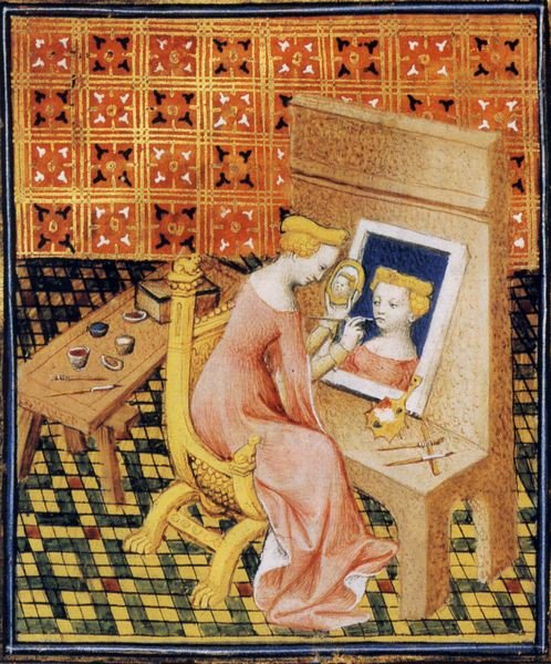 The first self-portraitist? Remarkable 1402 miniature 'Marcia in her Studio'. Artist unknown