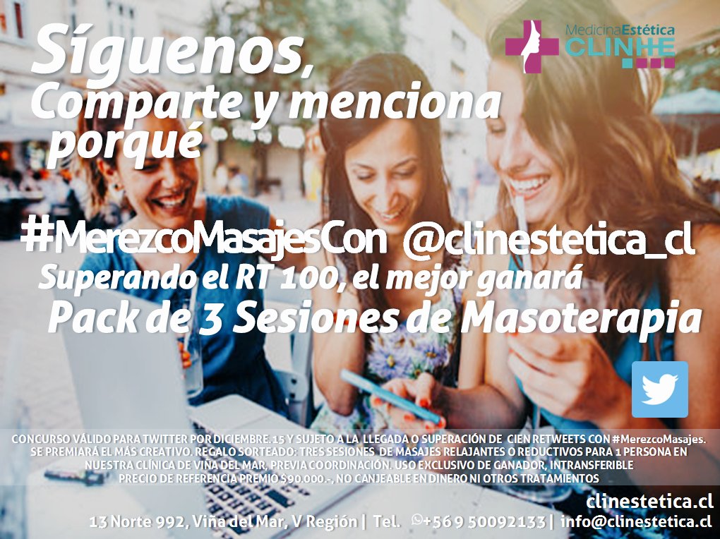 ClinEstetica_cl's tweet photo. dinos con #HT .... porqué #MerezcoMasajeCon @ClinEstetica_cl ...y gana para terminar full relajado el año! https://t.co/eCdNccoRFC