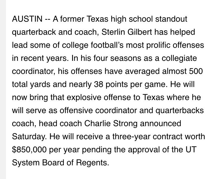 RivalsHS's tweet image. News on new #Longhorns OC RT @AnwarRichardson According to UT, new OC Sterlin Gilbert will make $850K a year