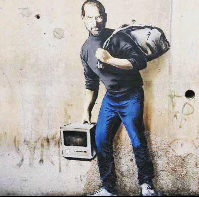 mwkeenan's tweet photo. Steve Jobs was the son of a Syrian migrant. Glad that boat wasn't sent back. #Banksy https://t.co/UWGnODjt6h