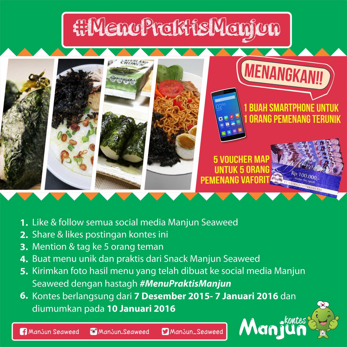 infokuis's tweet photo. Dr @manjun_seaweed: Ikutan kontes #MenuPraktisManjun yuk berhadiah SMARTPHONE ANDROID &amp; 5 VOUCHER MAP senilai 100 rb https://t.co/DIU73qloDB
