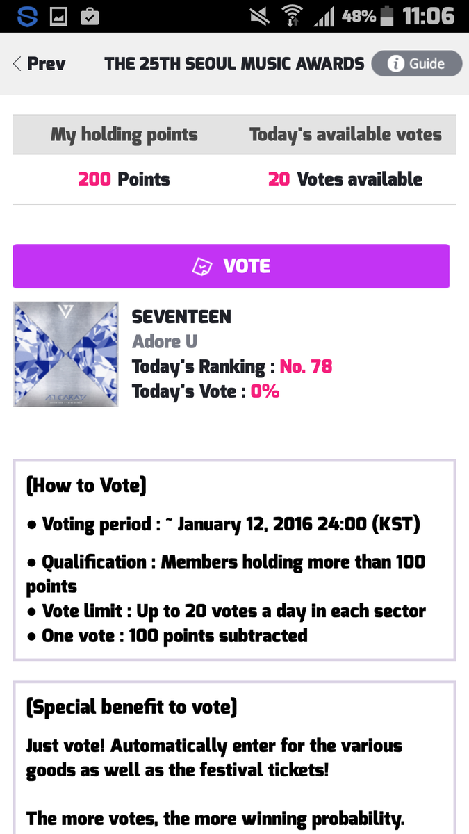 SEVENTEENID's tweet photo. [VOTE] Vote SEVENTEEN for 25th Seoul Music Award!
❗Main -> 78th
❗Popular (Overseas) -> 100th
❗Rookie -> 2nd https://t.co/4x15wXEn5m