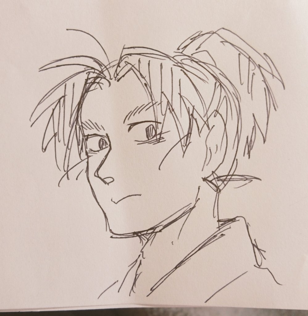 原稿中なんだけど無性に落書きしたくて一年ぶりくらいに文次郎描いてみたんだけど久々すぎて顔変わりすぎな～ 