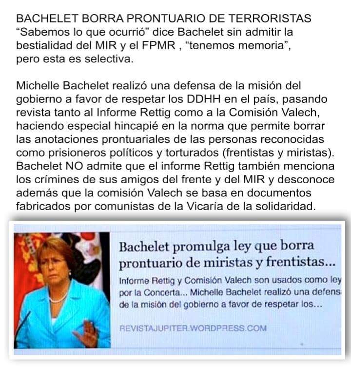 IngridCid2's tweet photo. Presidente Bachelet promulga ley q borra prontuario de terroristas miristas frentistas....el mundo al revés https://t.co/IuhFXqY9pt