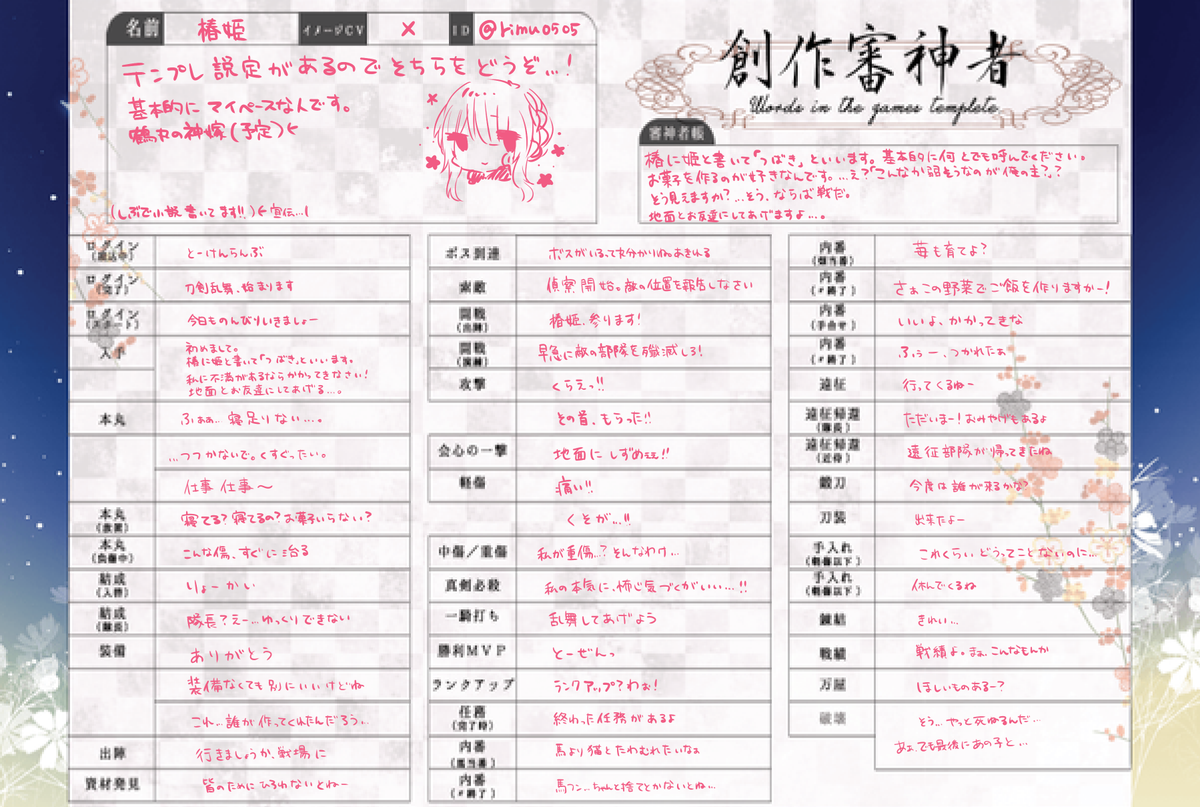 やりたくてやった('・ω・`)
(ちょっと宣伝もはいってる…)←
#創作審神者キャラシート
#創作審神者さんと繋がりたい
#創作審神者テンプレ
#百刀繚乱お留守番組の刀さにクラスタさん繋がりませんか