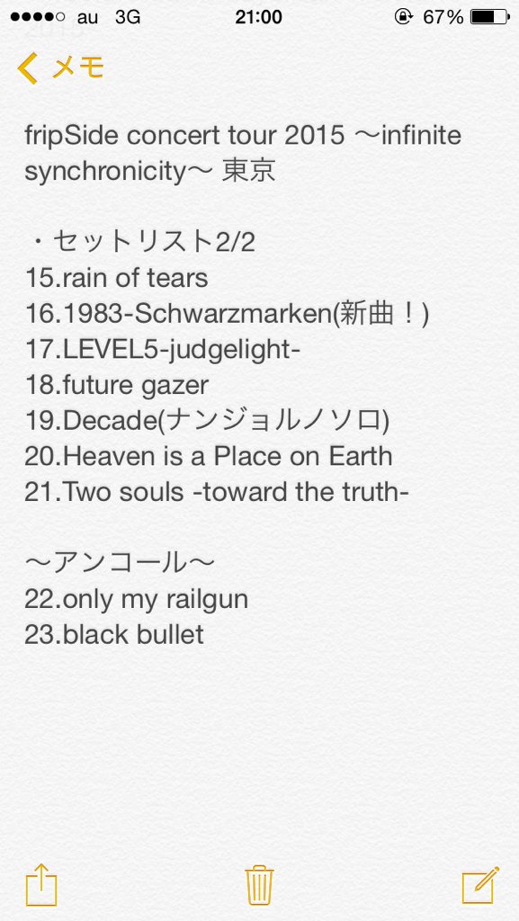 Hiro イベリーマン通算2500イベント Fripside Concert Tour 15 Infinite Synchronicity 東京 セットリスト 神セトリ 前半戦のセトリも置いてみました 1ツアーでこんなに変わるとはびっくりよ Fripside T Co Wsaizq971f
