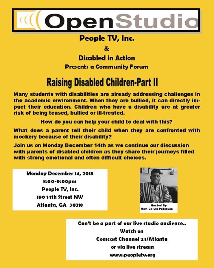 PeopleTV_ATL's tweet photo. Join us on Mon 12/14 live on #ptvopenstudio #DisabledInAction w/#RevCalvinPeterson https://t.co/ybYY0b6EHK