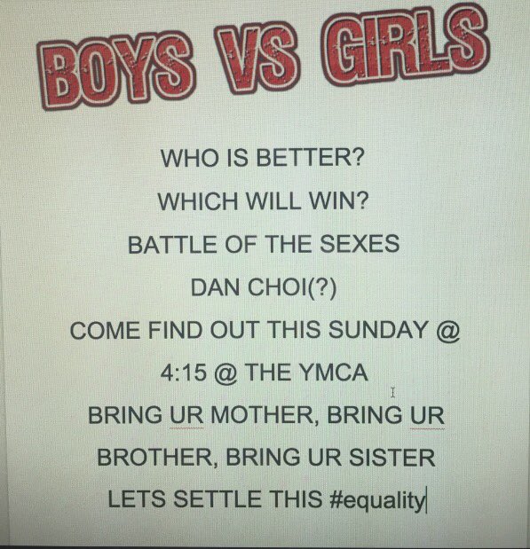 rstevs's tweet photo. Men vs Girls or Boys vs Women. Come to the Burbank YMCA today Sunday the 13th at 4:15 to find out who is superior. https://t.co/hytN3RqEOY
