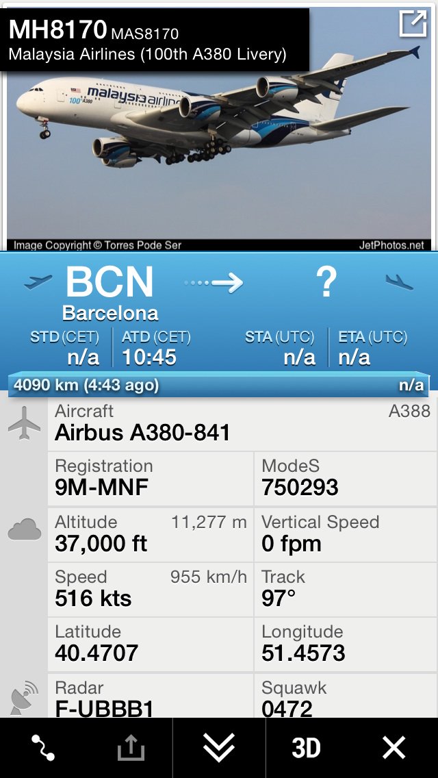 航空情報 Airplaneinformation バルセロナ発 東京 成田行き マレーシア航空 Mh8170便 Fcバルセロナ利用チャーター便 エアバスa380 800 9m Mnf 100th A380塗装で運航 到着予定時刻は翌朝 詳細不明 T Co 0dw9aewntw