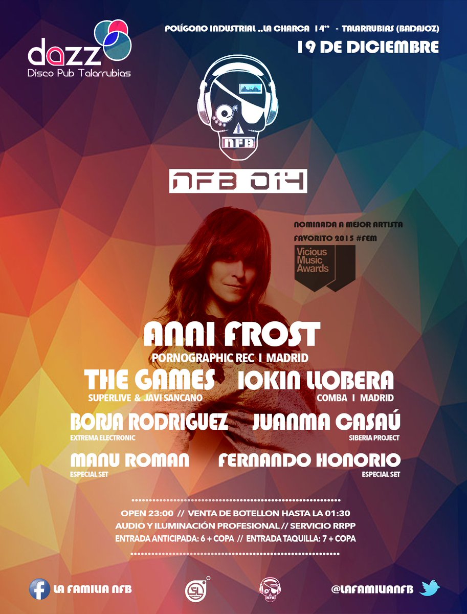 ¡NOTICIA IMPORTANTE!
CAMBIO DE SALA para NFB 014 el 19 DE DICIEMBRE
Nos vemos en <a href="/dazzdisco/">dazz</a> - Talarrubias (BADAJOZ)