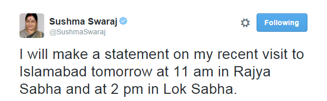 CNNnews18's tweet photo. JUST IN | EAM Sushma Swaraj says she will make a statement on her Pakistan visit tomorrow #IndoPakOutreach https://t.co/wxRv9a7mMe