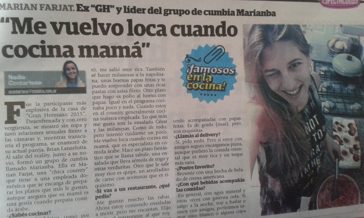 marielaguirre00's tweet photo. @FarjatMarian en la pagina de famosos en la cocina de diario Crónica de hoy muy buena la nota la felicito https://t.co/vwk7Un2ivk