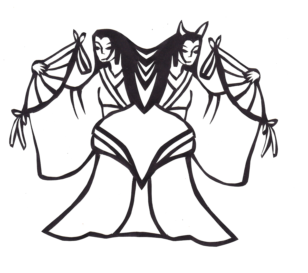 Konkon 鬼女 扇と着物 髪の長い女性 女性は鬼になりやすいらしい 二つ折り 途中から開いて 角を付け足し 切り紙 折り紙 紙遊び T Co U3aqvbngrk