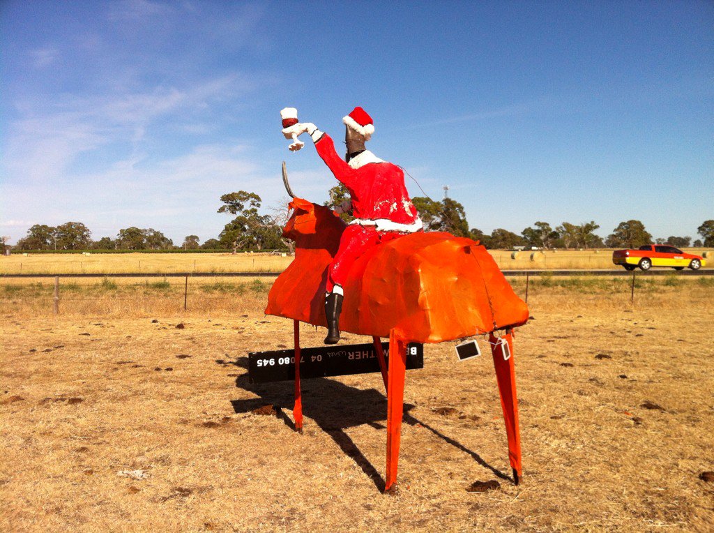 inlikeme's tweet photo. Rear view of #stuffedsanta installation @Bellwetherwine. Solar panels hint at possible nocturnal activation... https://t.co/tnkkoZLPt6