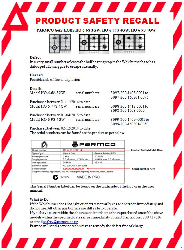 Please view the attached Product Safety Recall Notice for some of our HO-6 Gas Hobs