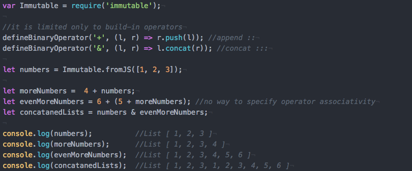 nodenow's tweet photo. Operator overloading and #immutableJs in #javascript. Using babel-operator-overload-plugin. #EcmaScript2020 :D https://t.co/u5rfNRcDAl