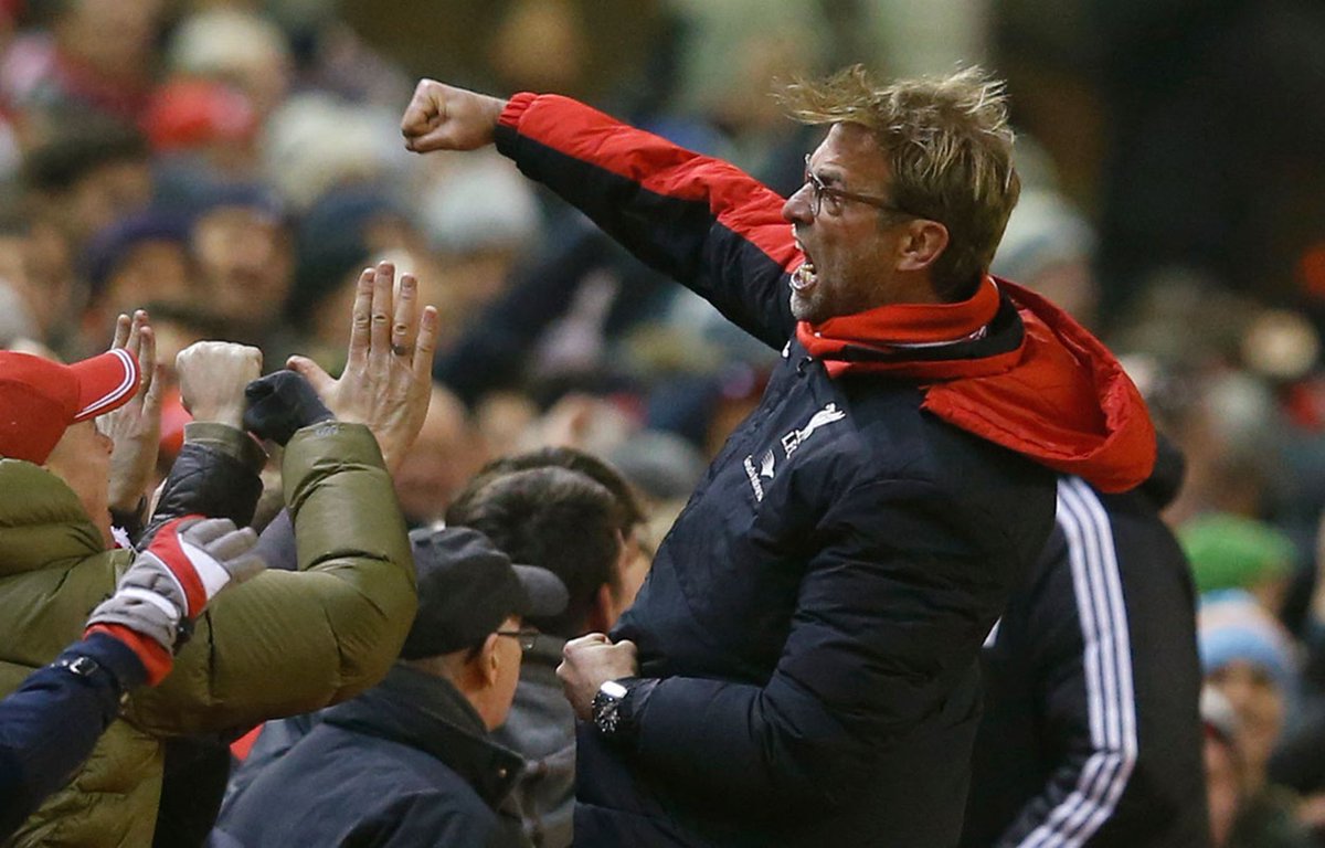 ViktorFagerLFC's tweet photo. Klopp spurring the fans on after the equaliser in the 96th min. #LFC https://t.co/QNGz2cVmWg