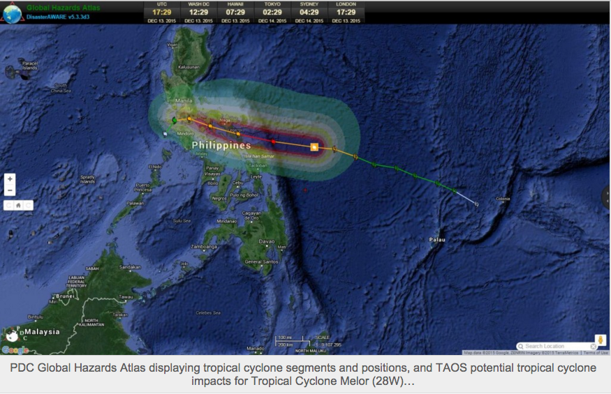disasteraware's tweet photo. Typhoon Melor is at Category 4 strength, east-southeast of Manila, Philippines https://t.co/wVoxFvGrLT #Nona https://t.co/Z7pSUDootv
