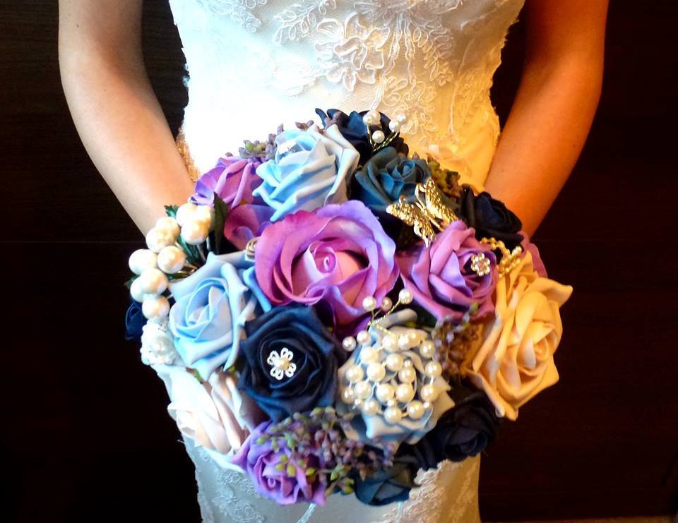 For Melissa Bespoke Blue &amp; Cadbury Purple Pearl Brooch flower package 1 bridal, 2 bridesmaids, 3 wrist corsages, 1 …