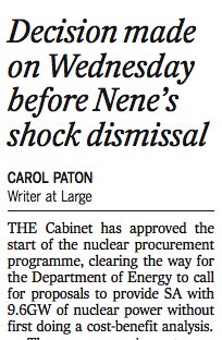 2 days before promising “fiscal prudence”, Cabinet approved the 9.6GW nuclear procurement. <a href="/bdlivesa/">Business Day</a> Monday lead