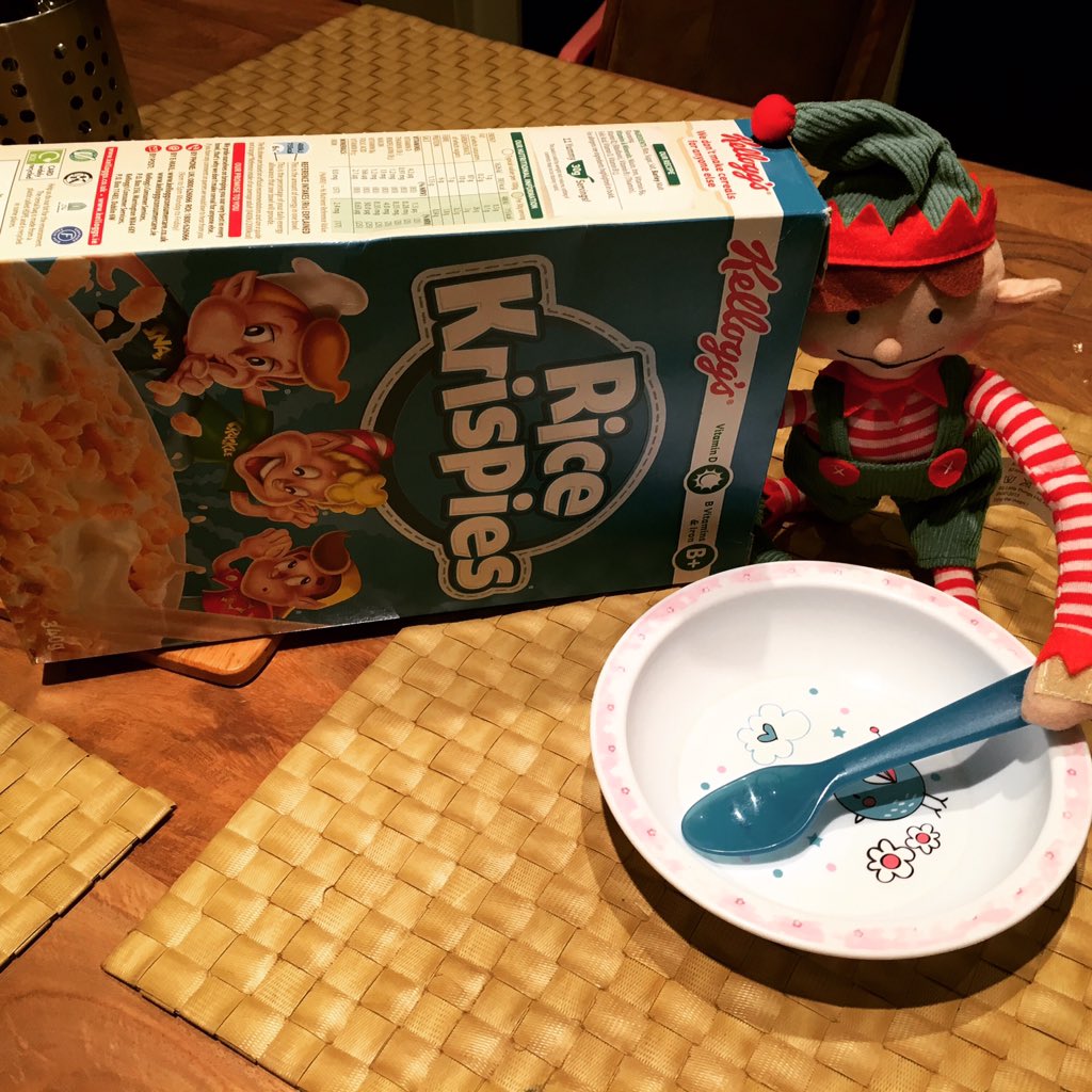 Day 13, naughty Mr Elfie trying to eat Ayushi's Rice Krispies #elfonashelf