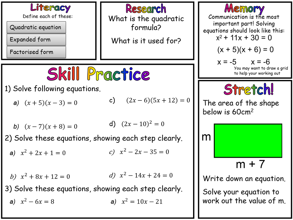 MathedUp's tweet photo. New PRET homework on solving quadratics by factorising. @mathsjem @DIRT_expert #mathsTLP https://t.co/CKerQMXCZI https://t.co/KY1thVzzmb