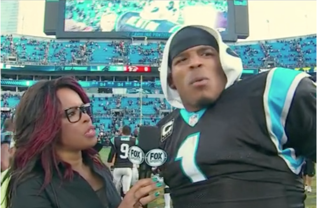 BleacherReport's tweet image. VIDEO: Cam Newton gets slapped on the butt during interview, has priceless reaction ble.ac/1Z6LlRl