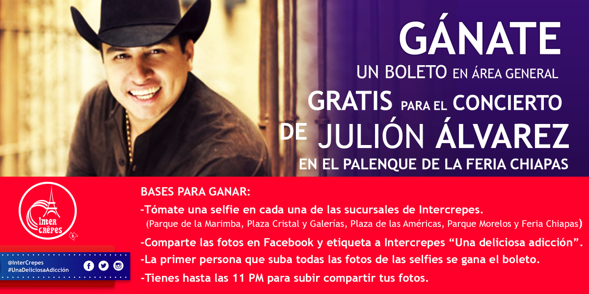InterCrepes's tweet photo. #Promoción #Gana #UNBOLETOGRATIS #concierto de #julionalvarez en la #FeriaChiapas #intercrepes #unadeliciosaadicción https://t.co/M2WgMUMYFo