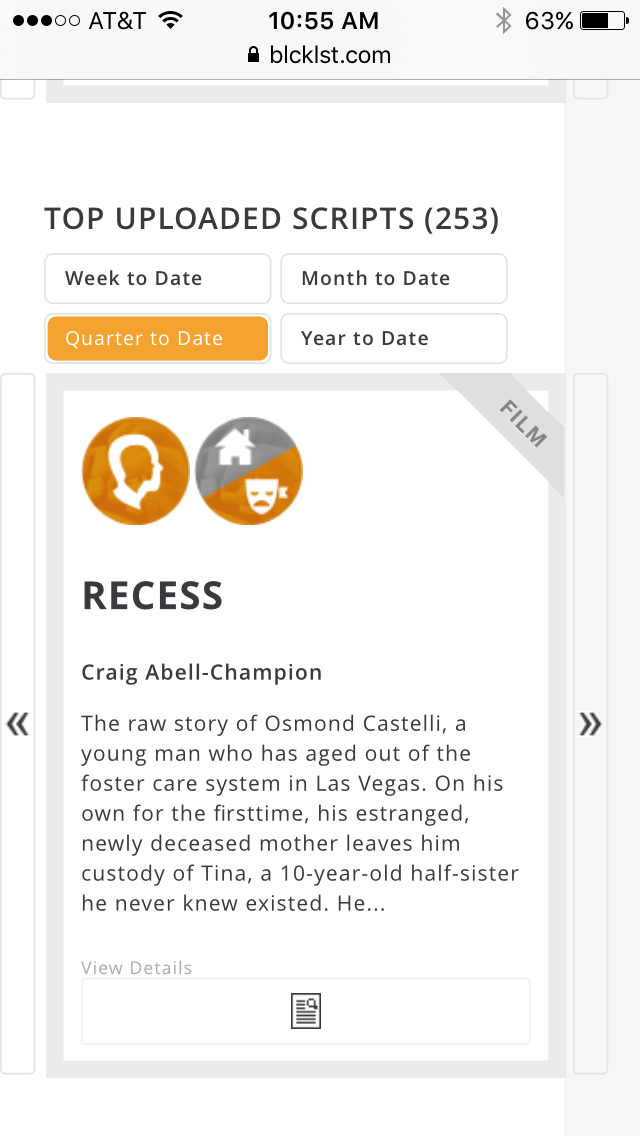 In case you're keeping score at home, <a href="/craigachampion/">Craig Abell-Champion</a>'s script, #Recess, just made the <a href="/theblcklst/">The Black List</a>'s Top List!