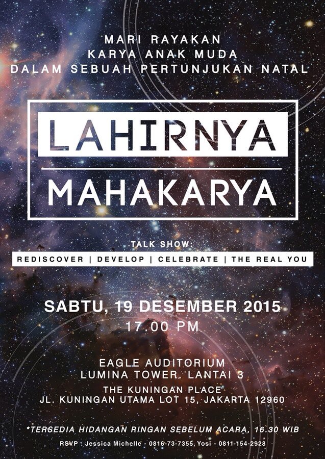 mercymott's tweet photo. Mari rayakan bersama, karya Anak Muda Indonesia dalam sebuah petunjukan Natal "LAHIRNYA MAHAKARYA".
#mahakarya2015 https://t.co/F4OnR9h67G