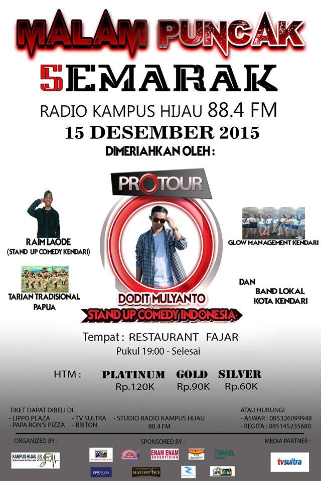 mau bagi info ada mas <a href="/Dodit_Mulyanto/">Dodit Mulyanto</a> di kendari besok malam at restoran fajar. raim juga mau stand up. cc <a href="/RKH_884/">Radio Kampus Hijau</a>