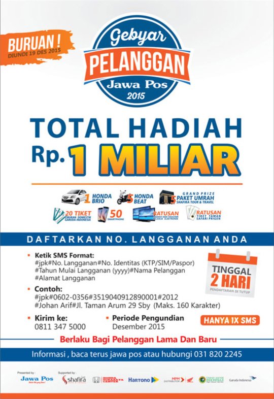 jawaposevent's tweet photo. Tinggal 2 hari lagi... Ayou segera daftarkan nomor langganan koran Jawa Pos anda! https://t.co/a9m0srL5vD