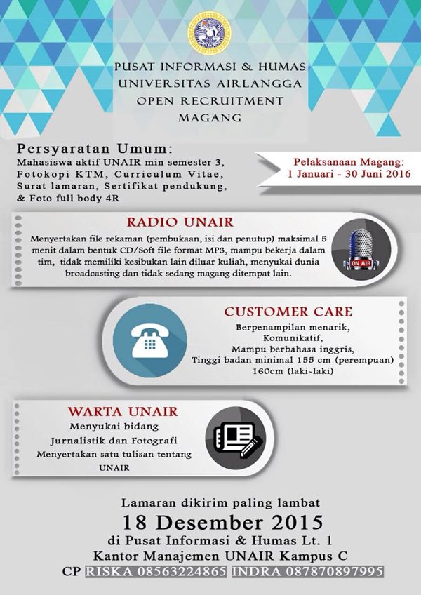 Bagi mahasiswa yang ingin bergabung dengan WARTA UNAIR, sertakan juga satu contoh tulisan tentang UNAIR.