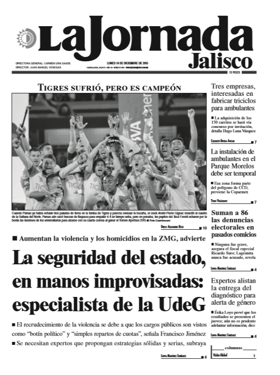 EditoraJalisco's tweet photo. ¡Buenos días! Les compartimos nuestra portada de hoy, lunes 14 de diciembre de 2015. https://t.co/FN7t0lc0Qq