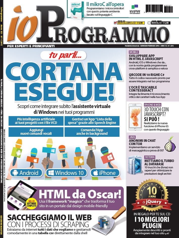 edizionimaster's tweet photo. #IoProgrammo 201 in #edicola: ottimizzare le prestazioni dei #database, #Cortana, #jQuery...https://t.co/tyukZKAzXd https://t.co/6ZzhV6Oidb