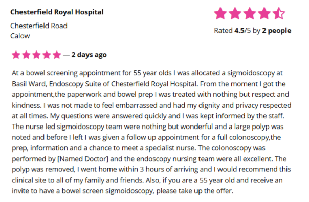 HWDerbyshire's tweet photo. Positive feedback on #Chesterfield @royalhospital. Got something to say about this service? https://t.co/idxCMDMAdj https://t.co/ycvvmEW7uL