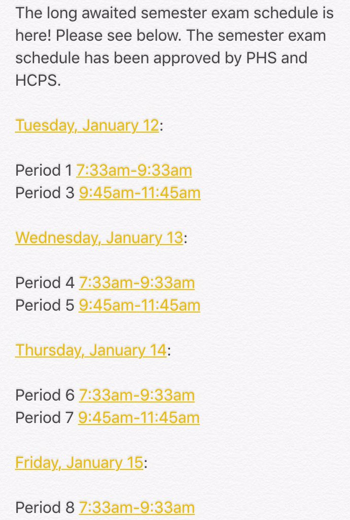 PHS Semester Exam Schedule: