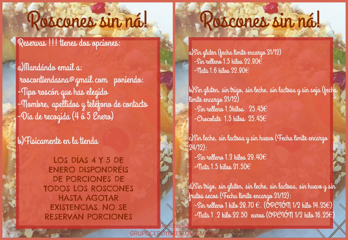 Nanutricion's tweet photo. Aquí os dejamos el listado de #roscones que podéis encargar para disfrutar como enanos ;) #roscon #sin #tiendasna https://t.co/6lbHCzpmOF