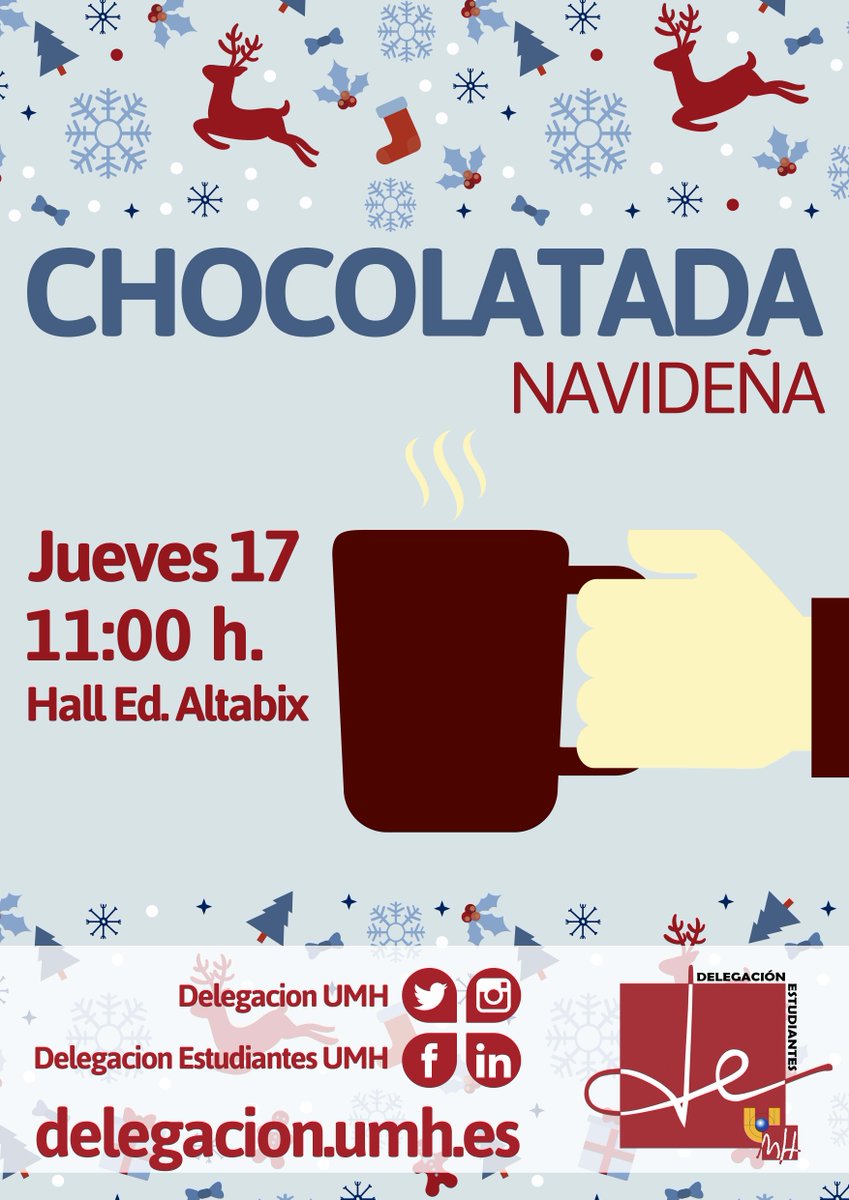 Jueves 17, 11.00 h, Hall de Altabix, Chocolatada Navideña ¡Vente! #infoDE_UMH
+info: delegacion.umh.es/2015/12/14/cho…