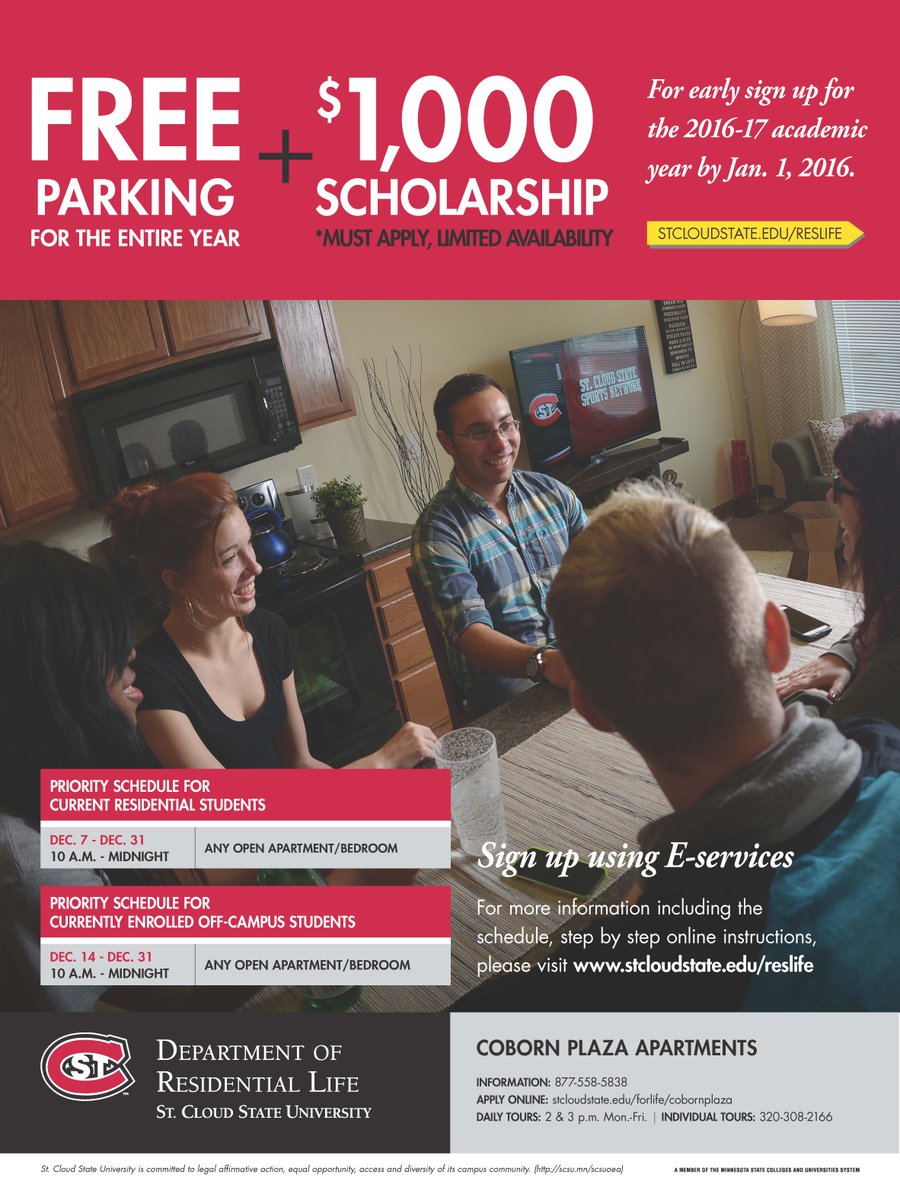 Free parking? $1,000 scholarship? Apply for 2016-17 housing in Coborn Plaza Apartments. You deserve it.