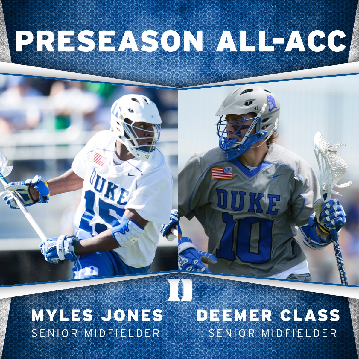 DukeMLAX's tweet photo. ICYMI, preseason ACC polls are out. #Duke No. 2 and @MylesJones_15 &amp; @22classy All-ACC. https://t.co/ohg5bHaqP3 https://t.co/x1gT97OBzk