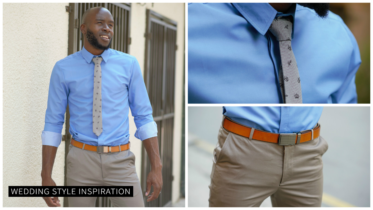 Polish off your look with a clean looking Slide belt and a patterned tie to be the perfect +1 for any wedding