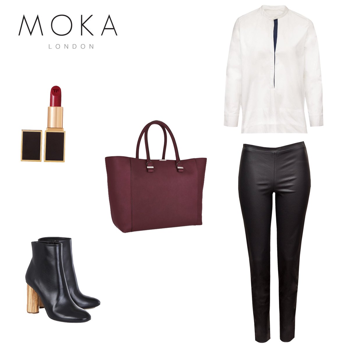 Start the week looking chic &amp; sleek in this simple outift. Moka London Leather Trousers &amp; Cristina Shirt.