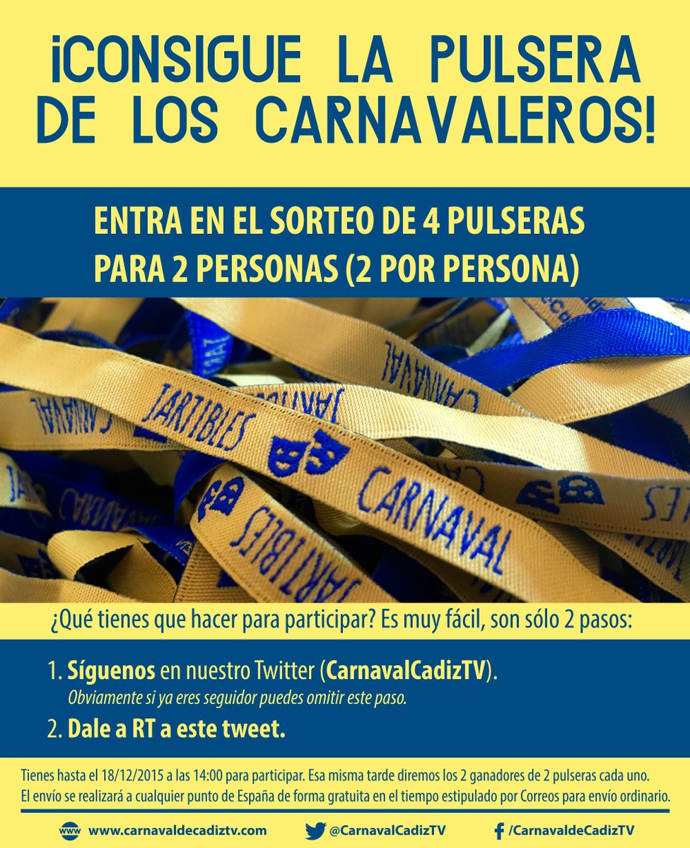 CarnavalCadizTV's tweet photo. ¡CONSIGUE LAS PULSERAS DE LOS CARNAVALEROS!

Sólo tienes que:

1. SEGUIRNOS @CarnavalCadizTV 
2. Haz RT a este tweet https://t.co/od2m1ANR9A