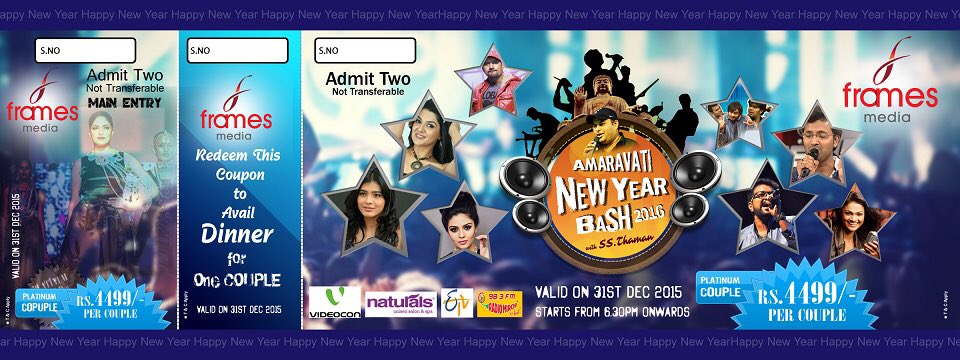 Frames_Events's tweet photo. AMARAVATHI NEW YEAR BASH 2016 with @MusicThaman 

Grab your tickets now from our counters in Vijayawada &amp; Guntur https://t.co/nvKB3FWUOK