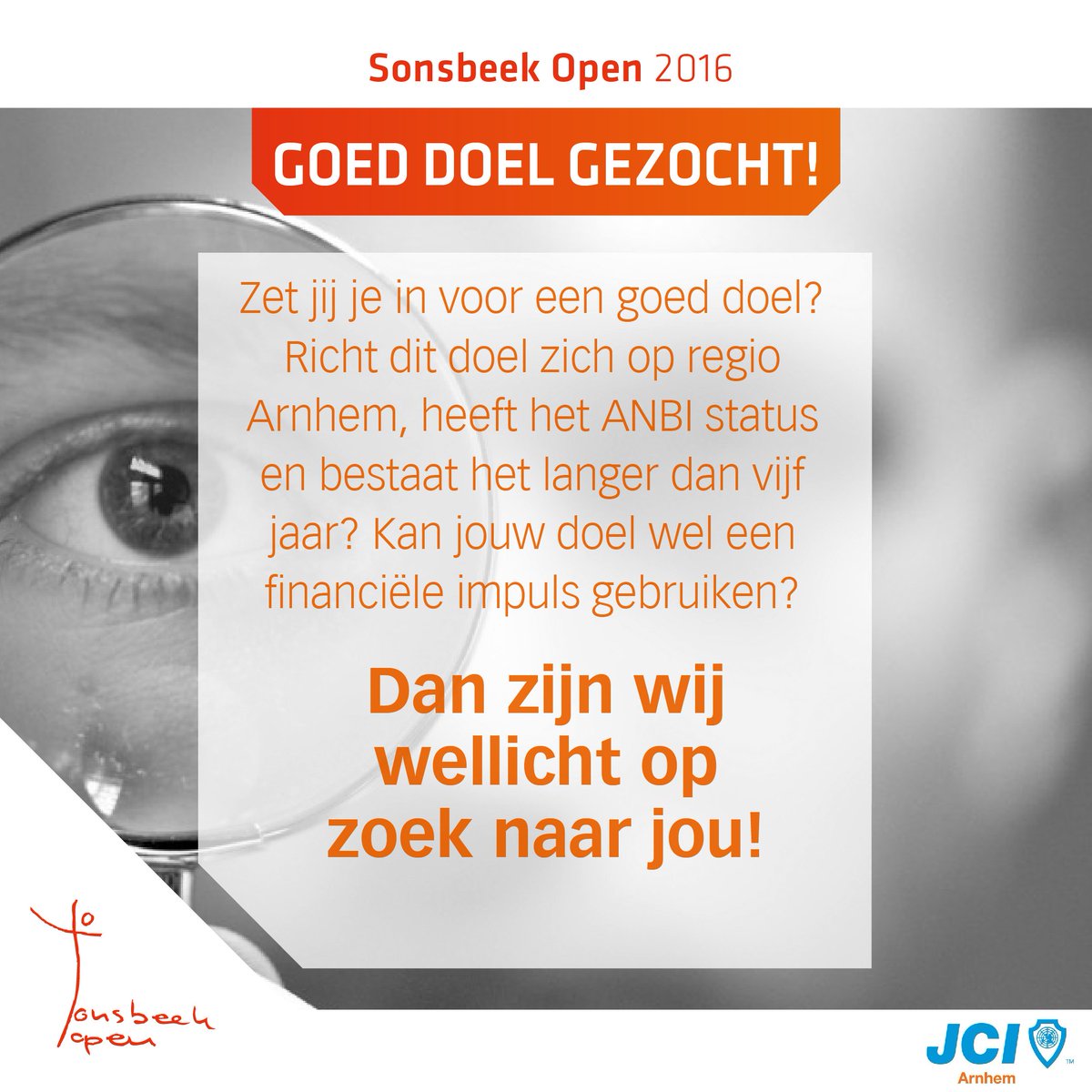 We zijn nog steeds op zoek! Check bit.ly/goeddoelgezocht voor meer info!
#sponsoring #fundraising #arnhem #jci