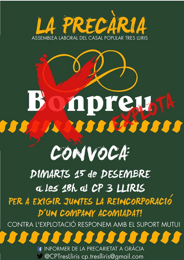 Demà a les 18h totes al <a href="/CPTresLliris/">CPTresLliris</a> x exigir la reincorporació d'un company acomiadat.
Solidaritat!!!