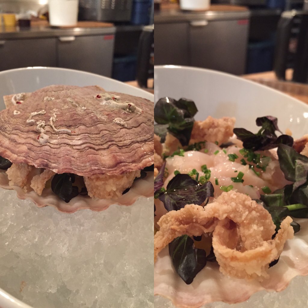 #scallop carpaccio, caviar yogurt, lemon, red watercress and crispy mantle. <a href="/lasalleamanger/">La Salle à Manger</a> #mtl  #sundayfunday